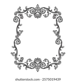 Antique baroque, rococo engraving frame. Hand drawing vintage frame scroll ornament. Ornate border floral retro pattern. Filigree frame, swirl design element. For decoration, print and design.