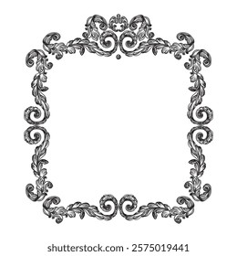 Antique baroque, rococo engraving frame. Hand drawing vintage frame scroll ornament. Ornate border floral retro pattern. Filigree frame, swirl design element. For decoration, print and design.