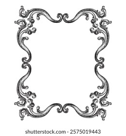 Antique baroque, rococo engraving frame. Hand drawing vintage frame scroll ornament. Ornate border floral retro pattern. Filigree frame, swirl design element. For decoration, print and design.