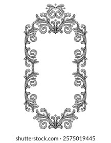 Antique baroque, rococo engraving frame. Hand drawing vintage frame scroll ornament. Ornate border floral retro pattern. Filigree frame, swirl design element. For decoration, print and design.