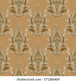 Antique baroque seamless pattern  background  wallpaper with vintage medieval   flowers, scroll  leaves and  gold floral baroque  ornaments in Victorian style. Vector fabric texture. Light  background