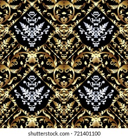 Antique Baroque seamless pattern. Black vintage background. Floral wallpaper. Gold silver damask flowers. Scroll leaves. Vintage medieval ornaments in Baroque Victorian style. Vector texture.