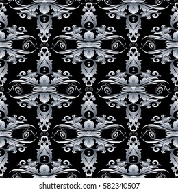 Antique baroque seamless pattern. Damask floral black background wallpaper illustration with 3d white decorative vintage flowers, leaves and medieval ornaments in Victorian style.Vector texture