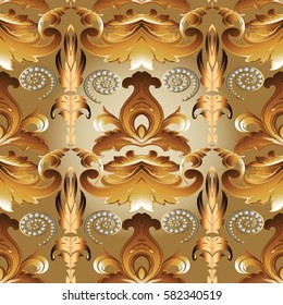 Antique baroque seamless pattern. Damask floral beige background wallpaper illustration with 3d gold decorative vintage flowers, swirl  leaves and medieval ornaments in Victorian style.Vector texture