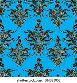 Antique Baroque vector seamless pattern. Damask ornaments. Luxury flourish light blue  background wallpaper with 3d gold  scroll swirl leaves, flowers in Victorian style.