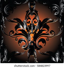 Antique Baroque vector seamless pattern. Damask ornaments. Luxury flourish black orange background wallpaper with 3d  scroll swirl leaves, flowers. Decor elements with shadow and highlights.
