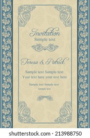 Antique baroque wedding invitation, beige and blue