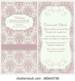 Antique baroque wedding invitation, birds and flowers, pink and beige