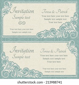 Antique baroque wedding invitation, blue on beige background