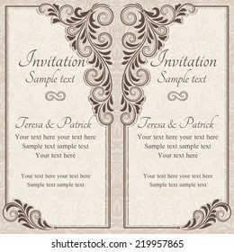 Antique baroque wedding invitation, brown on beige background