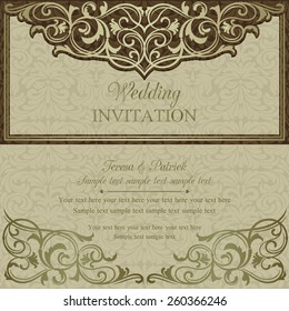 Antique baroque wedding invitation, brown on beige background