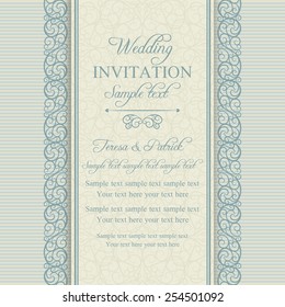 Antique baroque wedding invitation card in old-fashioned style, blue and beige