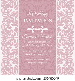 Antique baroque wedding invitation card in old-fashioned style, pink and white
