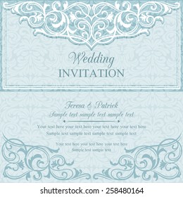 Antique baroque wedding invitation card in old-fashioned style, blue and white
