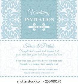 Antique baroque wedding invitation card in old-fashioned style, blue and white