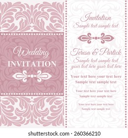 Antique baroque wedding invitation card in old-fashioned style, pink and white
