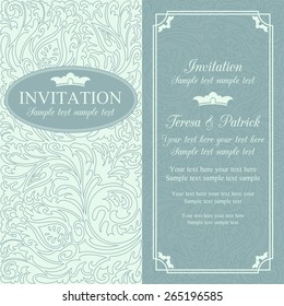 Antique baroque wedding invitation card in old-fashioned style, blue