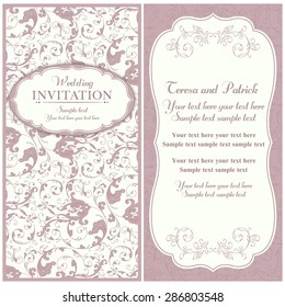 Antique baroque wedding invitation card in old-fashioned style, pink and beige