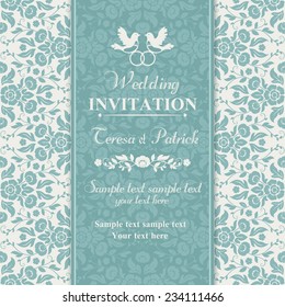 Antique baroque wedding invitation, couple of birds with ring, blue and beige