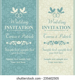 Antique baroque wedding invitation, couple of birds with ring, blue and beige