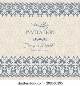 Antique baroque wedding invitation, dark blue on beige background