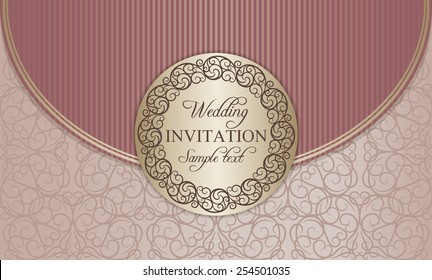 Antique baroque wedding invitation envelope, ornate round frame, gold and pink