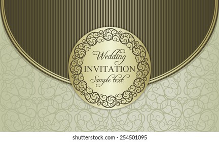 Antique baroque wedding invitation envelope, ornate round frame, gold, brown and beige
