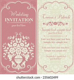 Antique baroque wedding invitation with flower bouquet, pink and beige