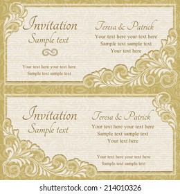 Antique baroque wedding invitation, gold on beige background