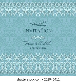 Antique baroque wedding invitation with lace, blue colour