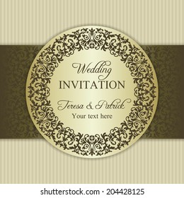 Antique baroque wedding invitation, ornate round frame, gold and beige