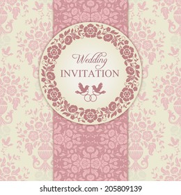 Antique baroque wedding invitation, ornate round wreath frame, couple of birds with ring, pink and beige