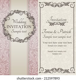 Antique baroque wedding invitation, ornate round frame, brown on beige background