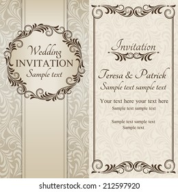Antique baroque wedding invitation, ornate round frame, brown on beige background
