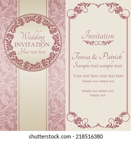 Antique baroque wedding invitation, ornate round frame, pink on beige background