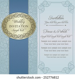 Antique baroque wedding invitation, ornate round frame, blue and beige