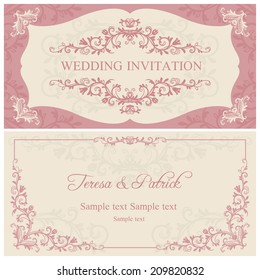 Antique baroque wedding invitation, pink on beige background