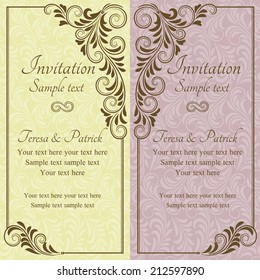 Antique baroque wedding invitation, pink and yellow