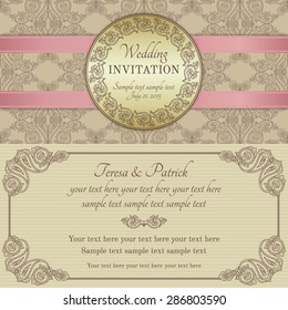Antique baroque wedding invitation with pink ribbon, ornate round frame, gold, brown and beige
