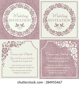 Antique baroque wedding invitation set, ornate round wreath frame, couple of birds with ring, pink and beige