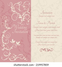 Antique baroque wedding ornate invitation, couple of birds, pink and beige