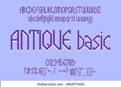 Antique Basic Latin display font. Craft typeface with uppercase and lowercase letters, numbers and punctuation in style of ancient runes.