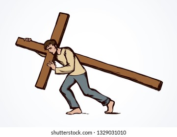 Antique biblical lord savior crucif suffer road logo on white sky space for text. Line Sin crucis pray concept icon. Outline black ink drawn messiah love hope spirit sketch in ancient art doodle style