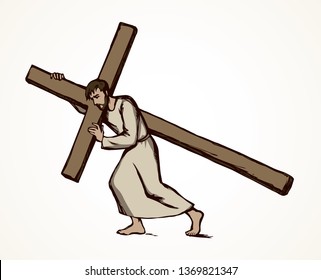 Antique biblical lord savior crucif suffer road logo on white sky space for text. Line Sin crucis pray concept icon. Outline black ink drawn messiah love hope spirit sketch in ancient art doodle style