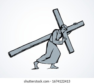 Antique biblical lord savior crucif suffer road logo on white sky space for text. Line Sin crucis pray concept icon. Outline black ink drawn messiah love hope spirit sketch in ancient art doodle style
