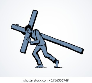 Antique biblical lord savior crucif suffer road logo on white sky space for text. Line Sin crucis pray concept icon. Outline black ink drawn messiah love hope spirit sketch in ancient art doodle style