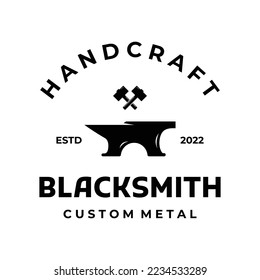 Antique blacksmith anvil work. With hammer and horseshoe isolated background.Logo for industry. workshop.
