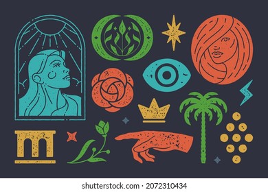 Antique boho woman in window frame. Portrait of sorceress with magical crown and eyes. Mythology hand points to growing flower and ancient temple. Vector esoteric collection