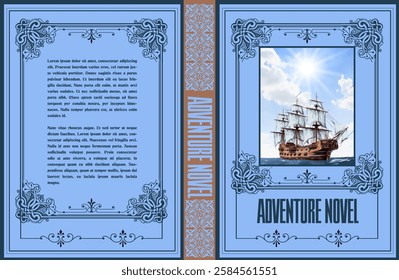 Antique book cover design showcasing a majestic sailing ship on the sea, evoking a sense of adventure and exploration