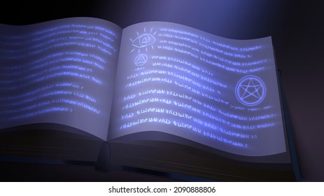Antique book with glowing manuscripts and diagrams in the dark. Alchemy and Witchcraft